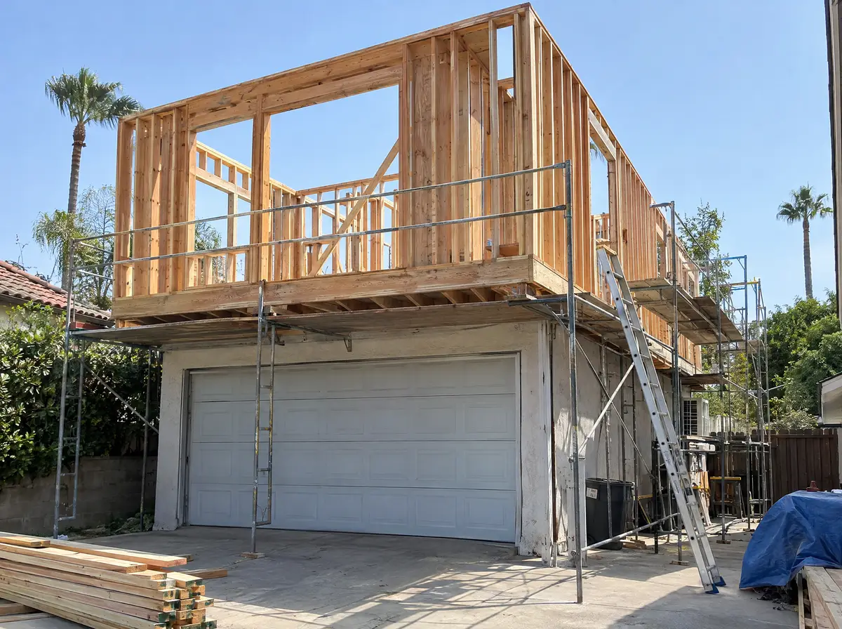 Second-story wood framing going up on top of an existing garage, scaffolding and a ladder