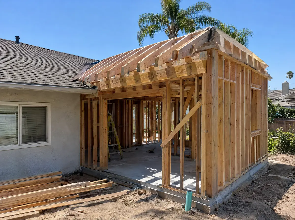 Room addition framing tied into the back of an existing house, new rafters meeting the old roofline