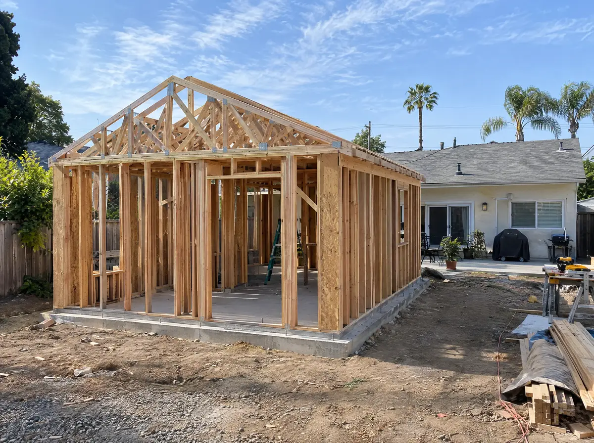Small detached backyard ADU framed with roof trusses on a new concrete slab, the main house in the background