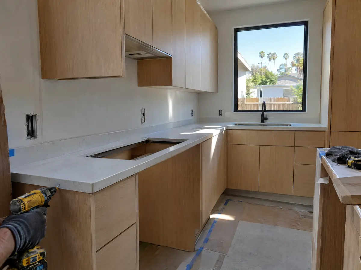Small modern ADU kitchen with light wood cabinets being installed, quartz counter, a gloved hand holding a drill