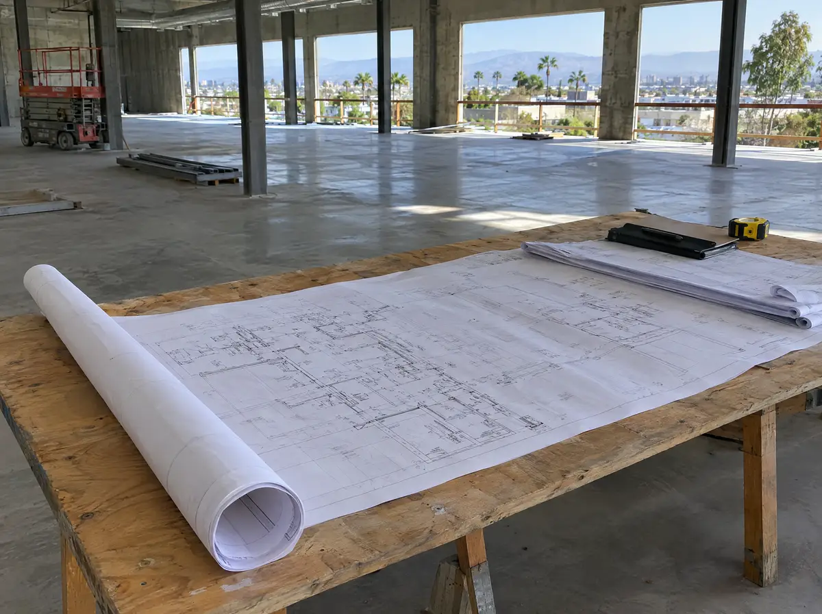 Large set of commercial construction drawings unrolled on a plywood table inside an empty concrete-floored shell building