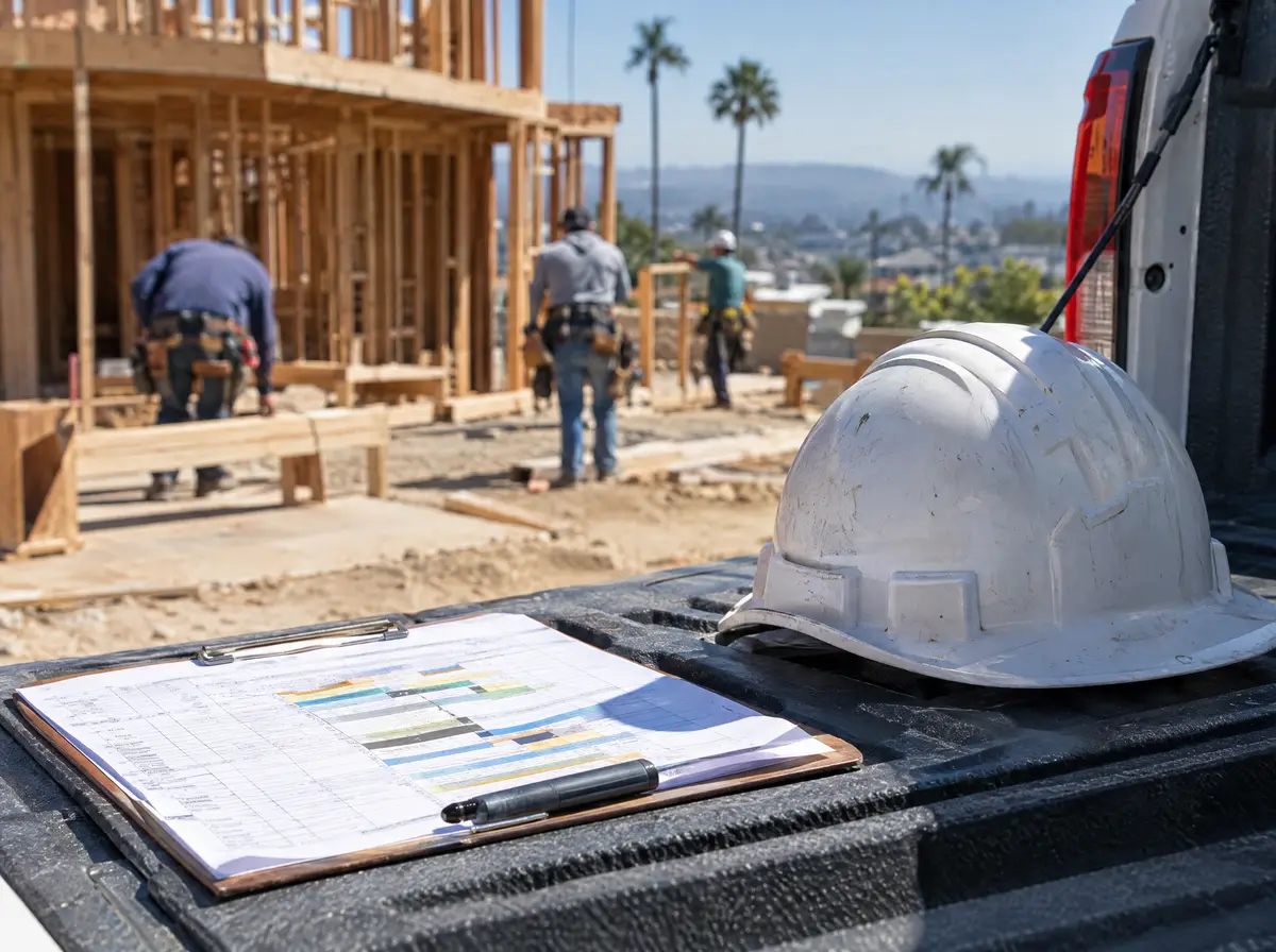 Clipboard with a trade schedule and a white hard hat on a truck tailgate, framing crew working out of focus in the background, writing unreadable