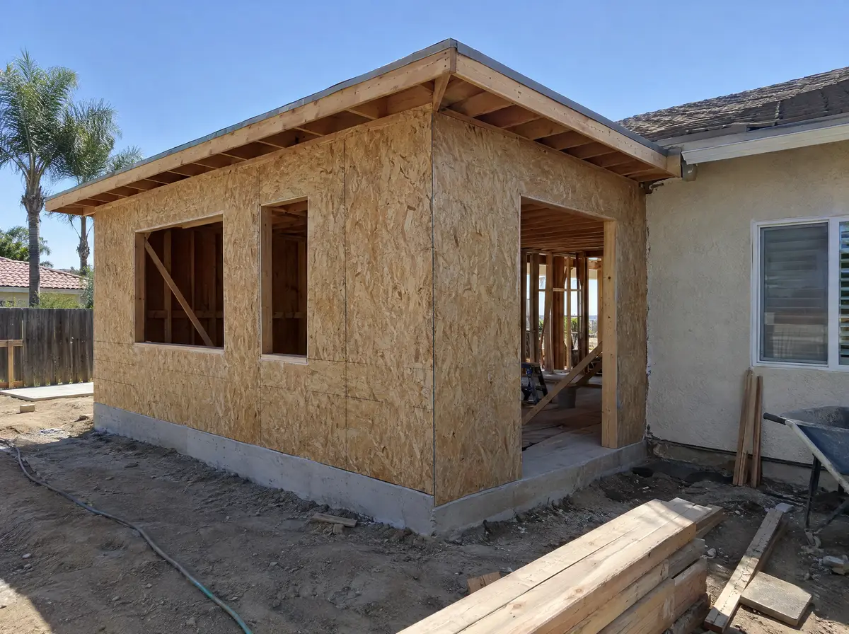 Room addition framed and sheathed, tied into the back of an existing stucco house