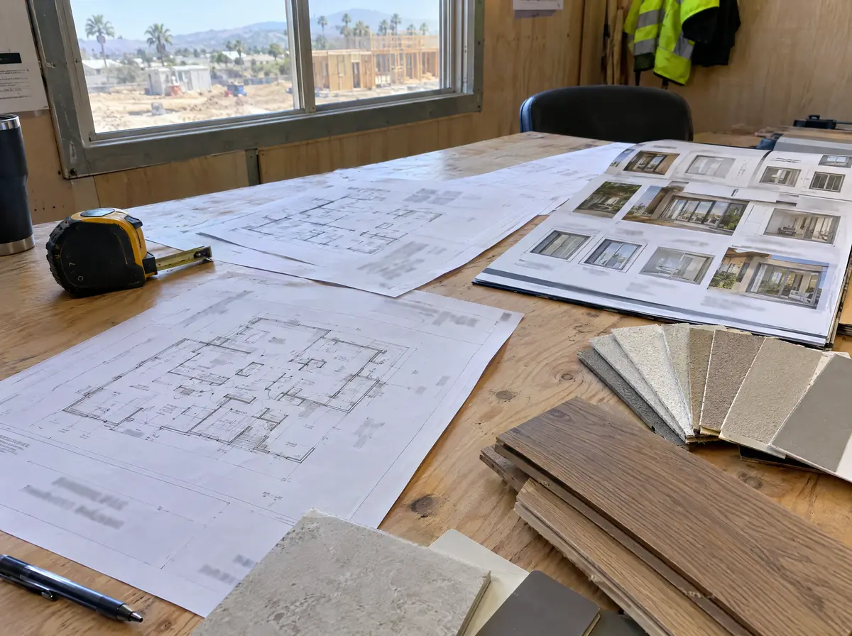 Floor plan sketches, a tape measure, window catalog and material samples (stucco color chips, wood flooring planks) spread on a plywood table in a job site trailer