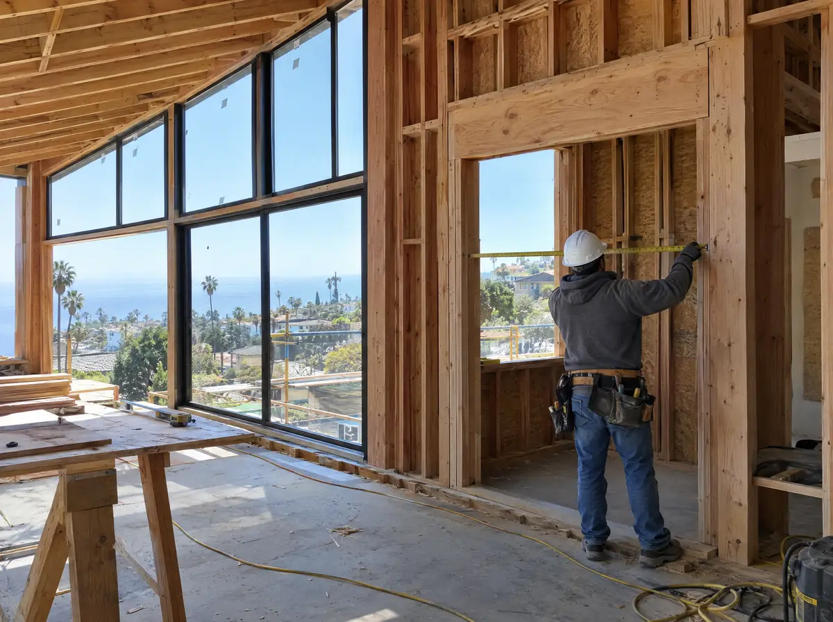 Modern custom home under construction with an angled window wall framed in wood, a worker seen from behind measuring an opening