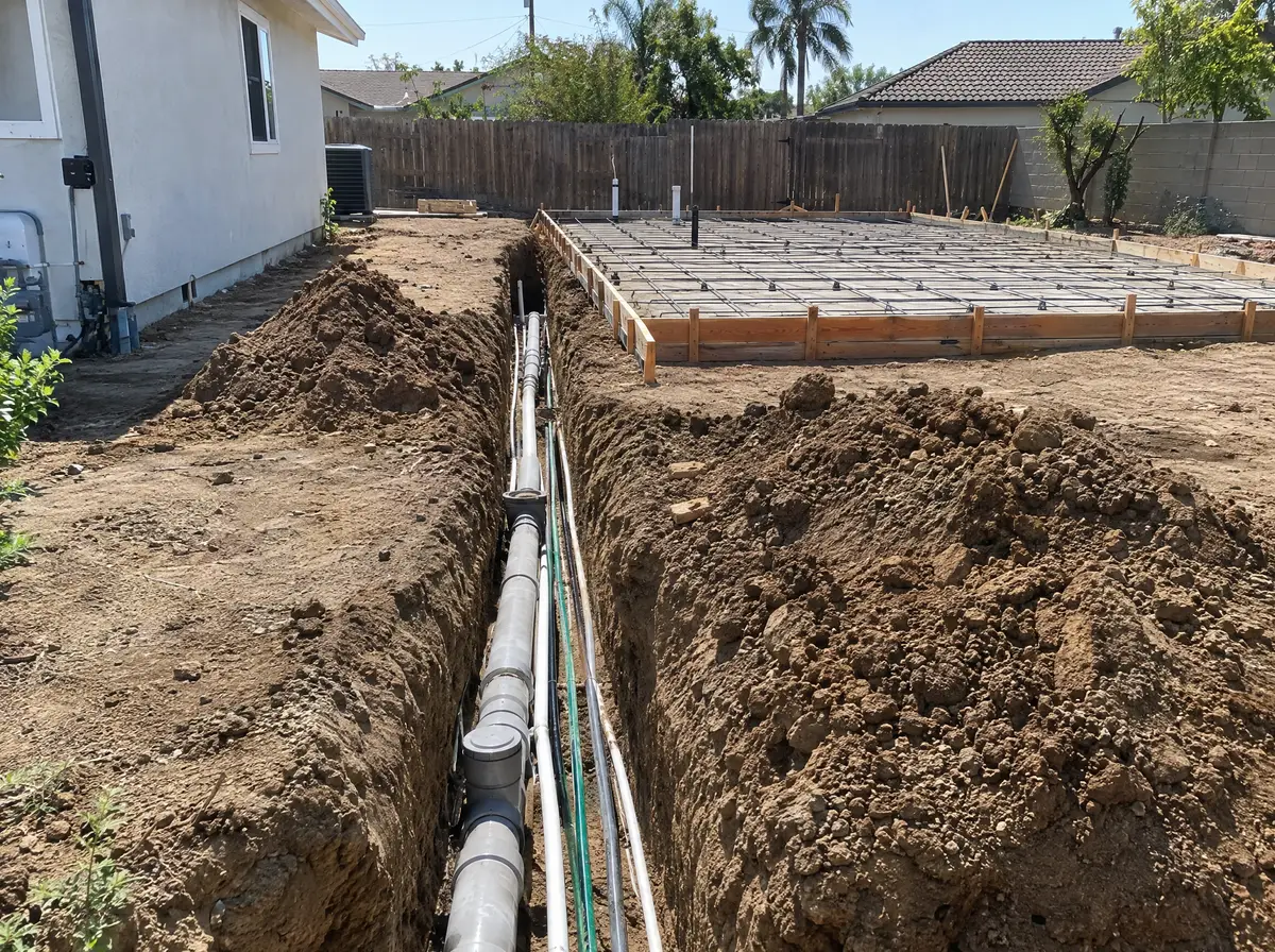 Trench for sewer and electrical lines running across a backyard from the house to a formed ADU slab with rebar