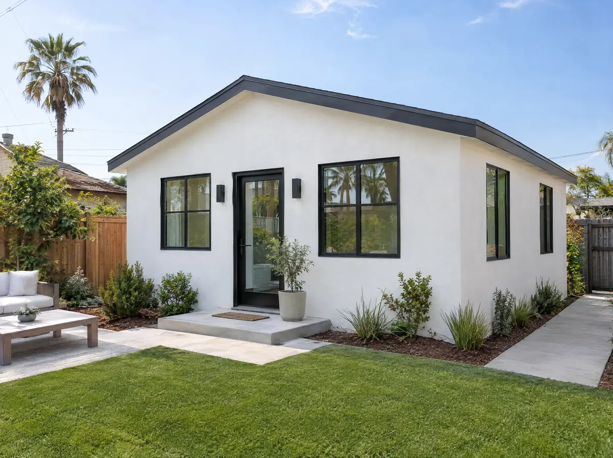 Detached backyard ADU with fresh smooth white stucco and new black-framed windows