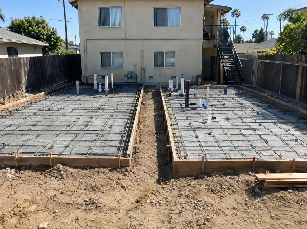 Two side-by-side ADU slabs formed with rebar and plumbing stubs behind a small apartment building