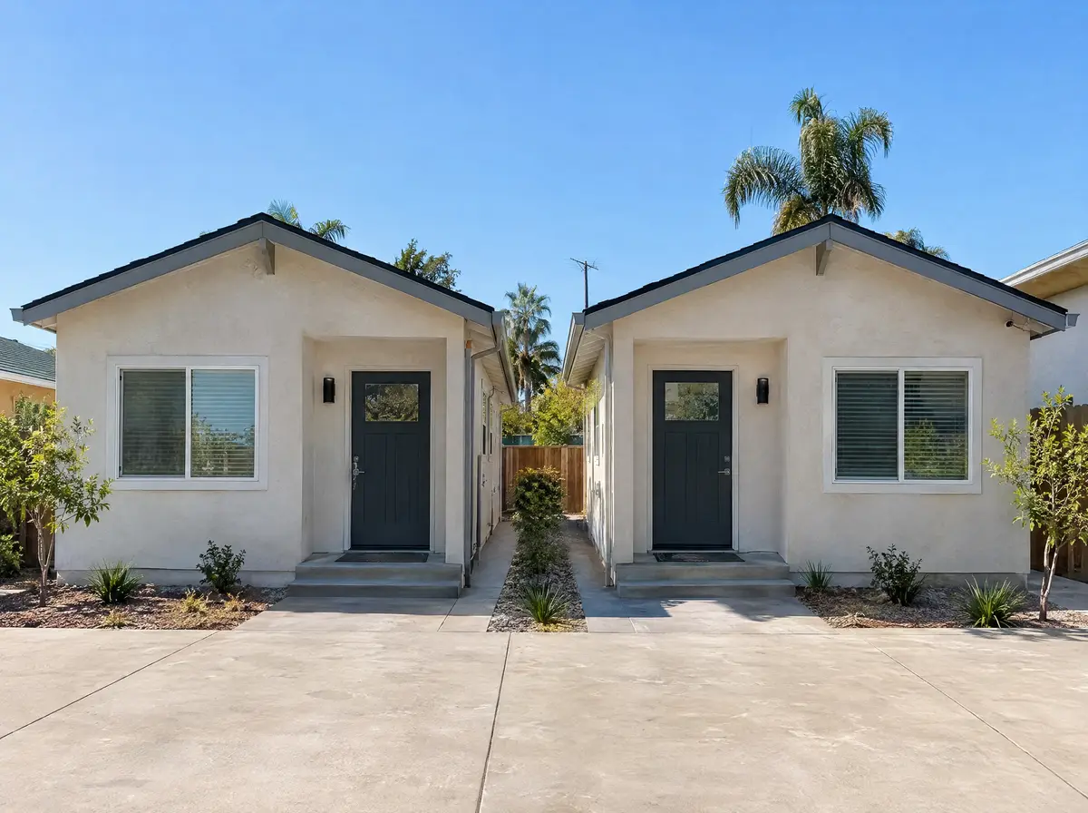 Two matching new stucco ADU units side by side with separate entry doors