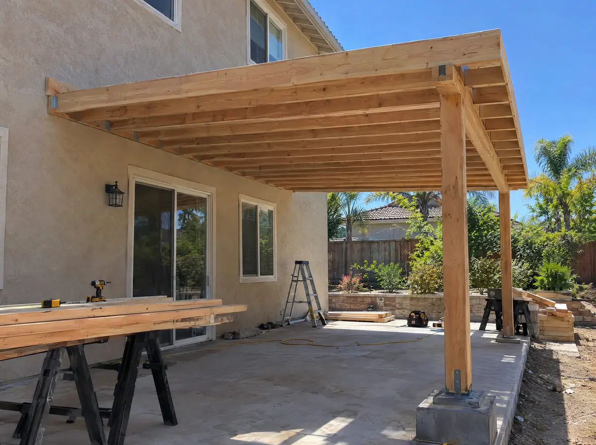 Patio cover beams and rafters framed off the back of a stucco house