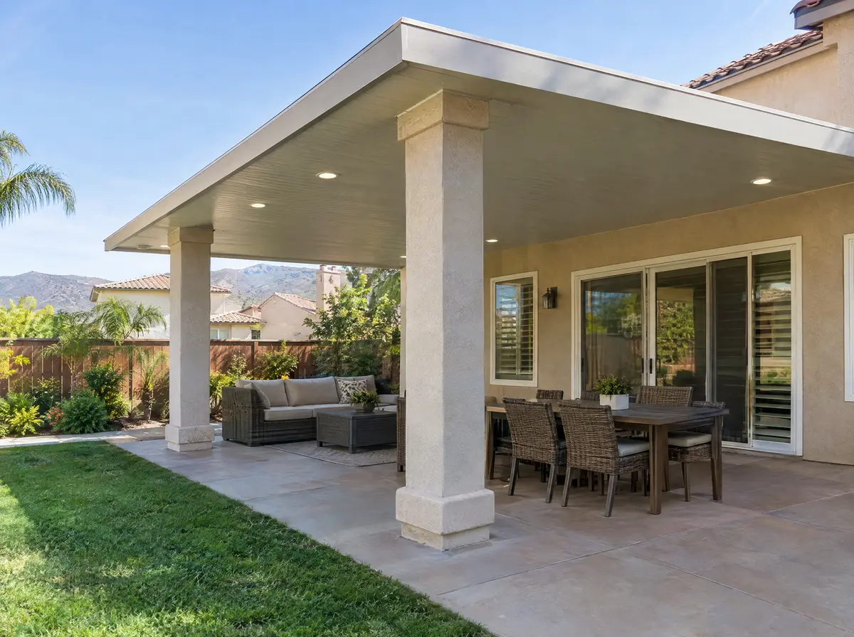 Finished solid-roof patio cover with stucco columns and recessed lights over a backyard patio