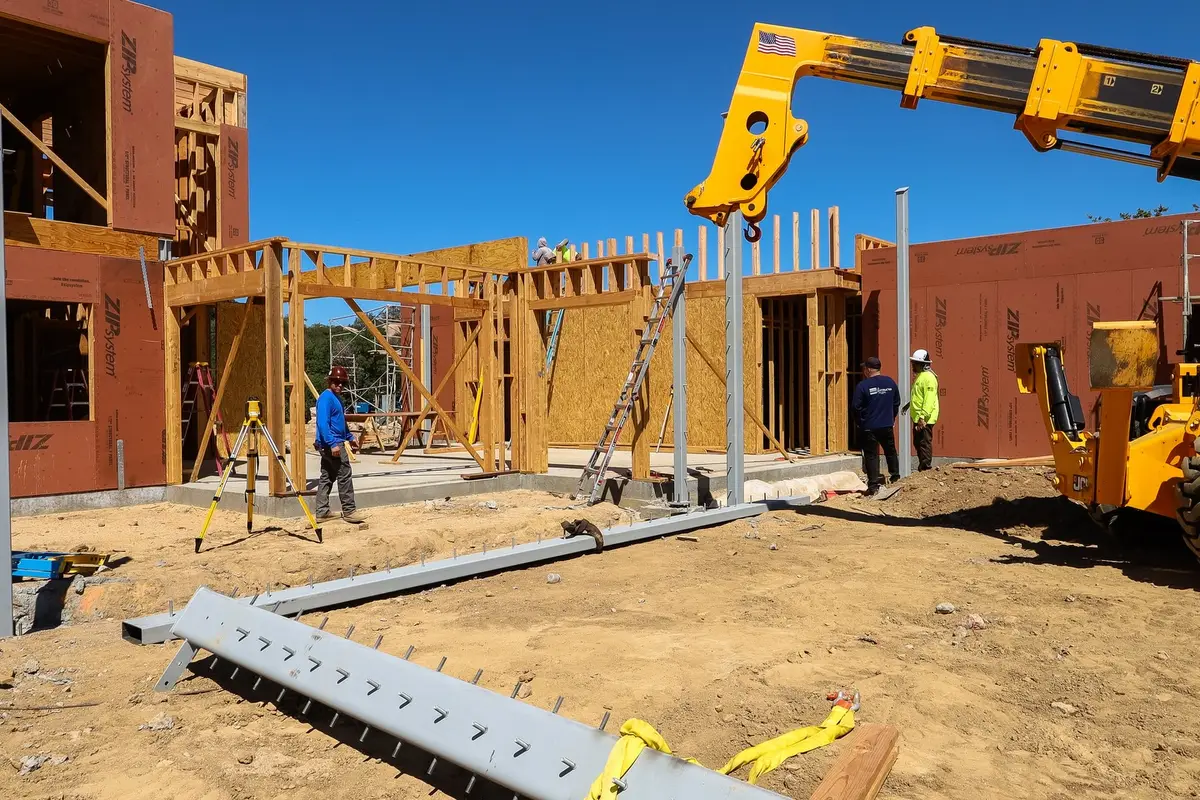 6,500 sq ft hillside custom home in Murrieta, CA: crane setting steel beams next to wood framing